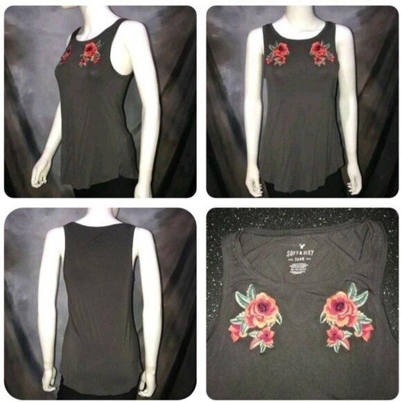 American Eagle Dark Gray Rose Embroidered Soft Tank Size XS spring summer travel - Picture 1 of 16